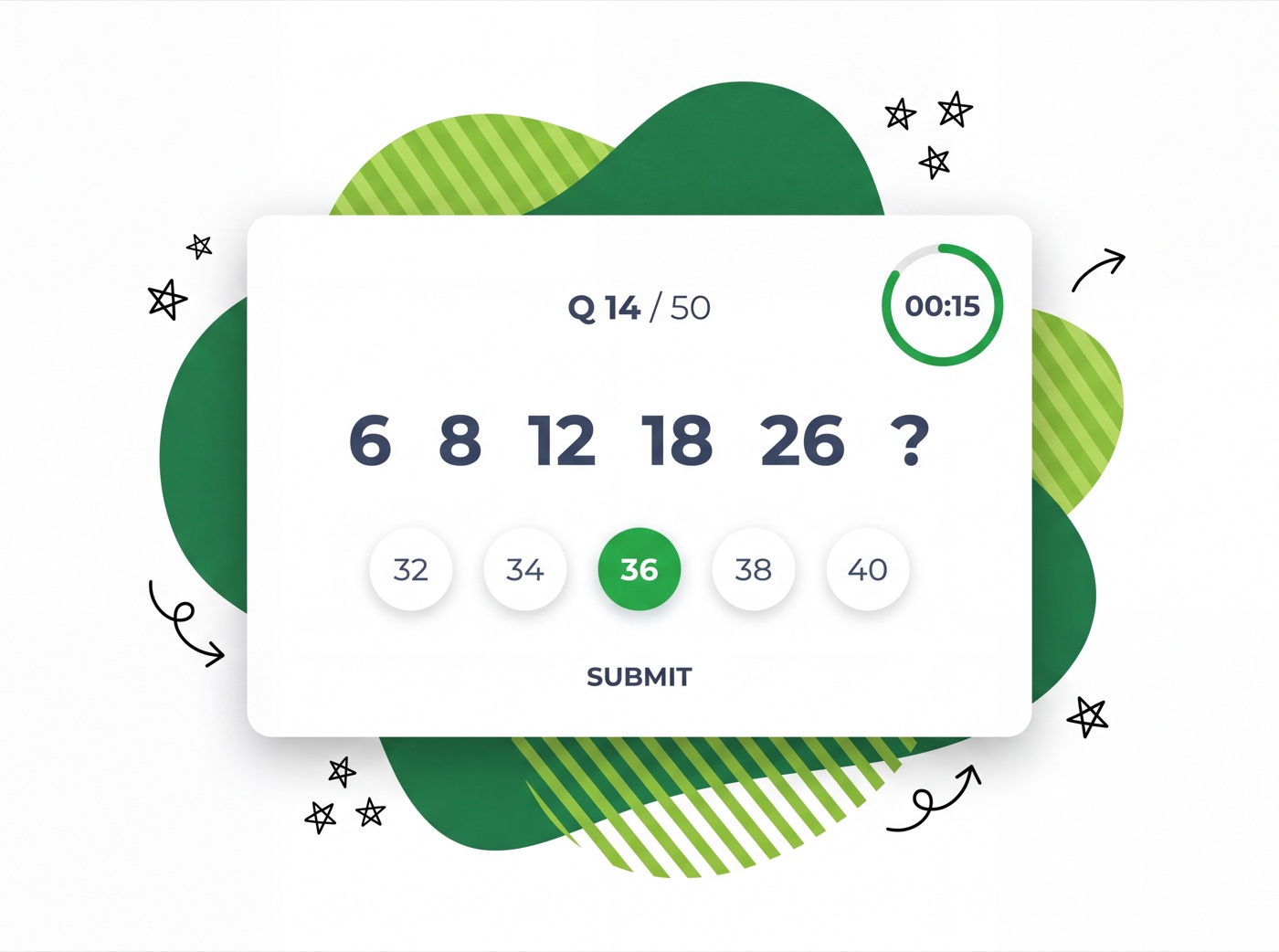 Playful illustration of a timed CCAT question on a laptop over bold green shapes