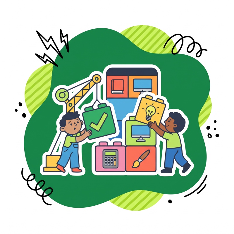 Two figures assembling a learning app from building blocks
