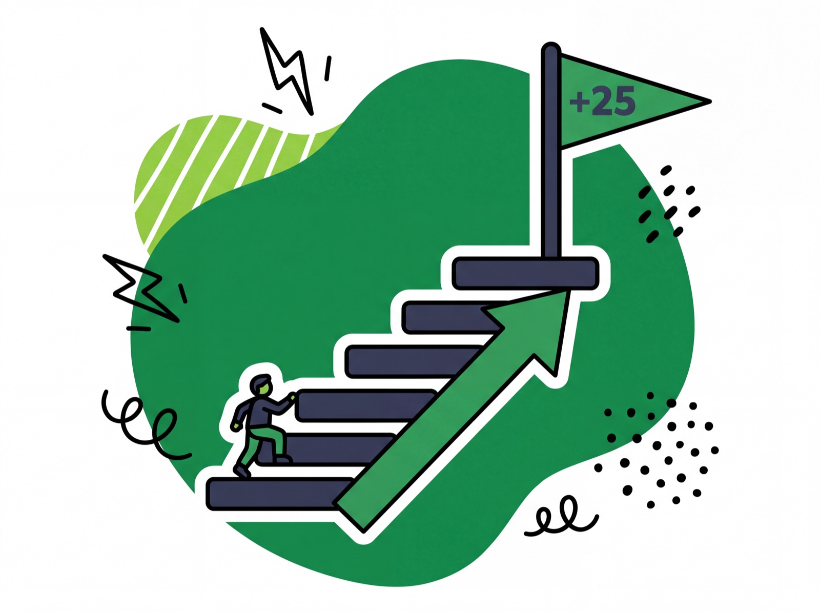 A green arrow climbing rising bars toward a +25 flag